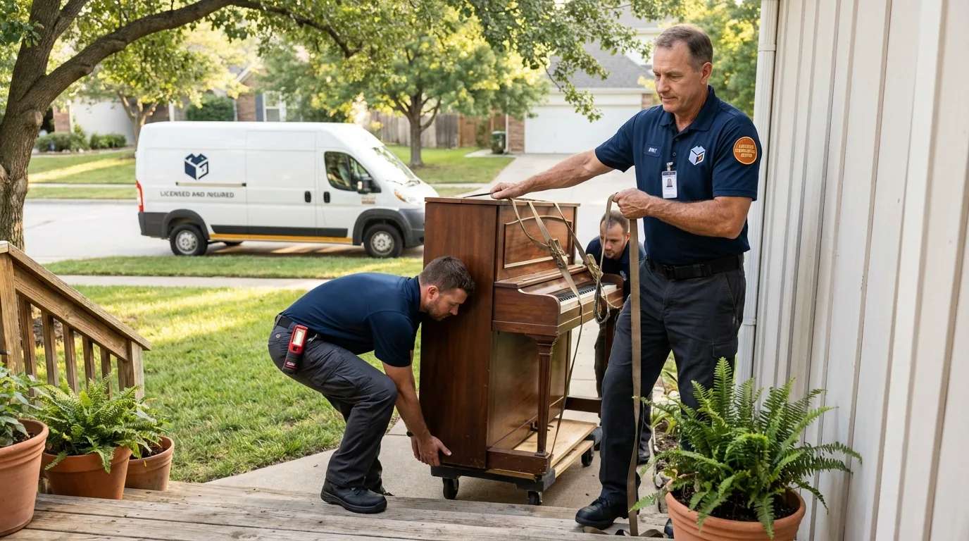 Licensed piano movers securing grand piano in Hardin, MT