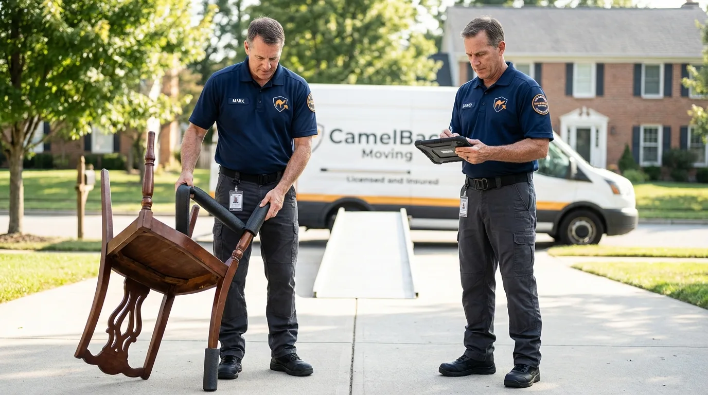 Movers inspecting furniture for damage prevention before loading in Hardin, MT